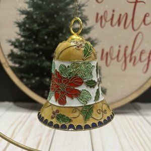 Hand Crafted Cloisonne Enamel Bell Christmas Ornament Poinsettias & Holly Berry